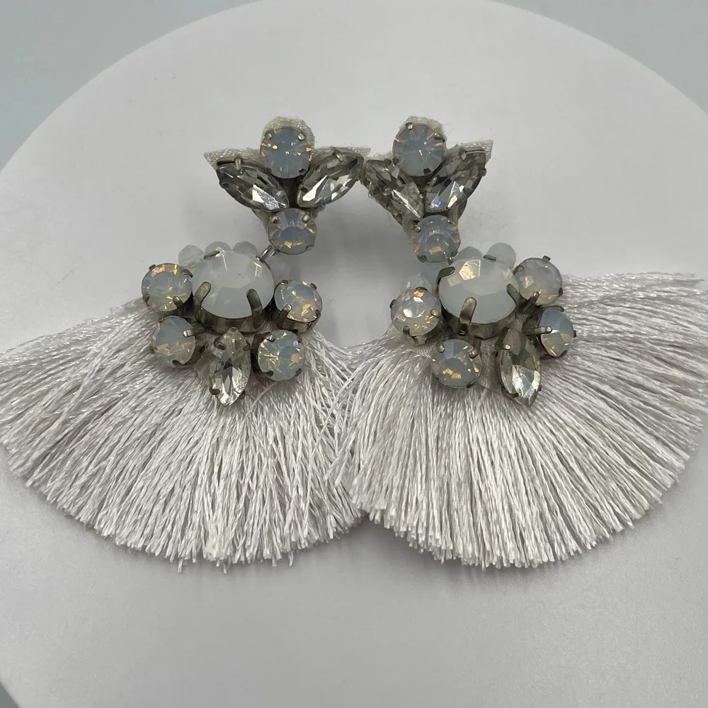 VTG Y2K White Opal Statement Tassel Earrings Iridescent Rhinestone Fringe Drop